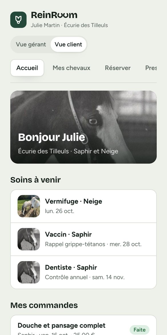 Écran d'accueil d'un propriétaire dans ReinRoom : soins à venir de ses chevaux et ses commandes